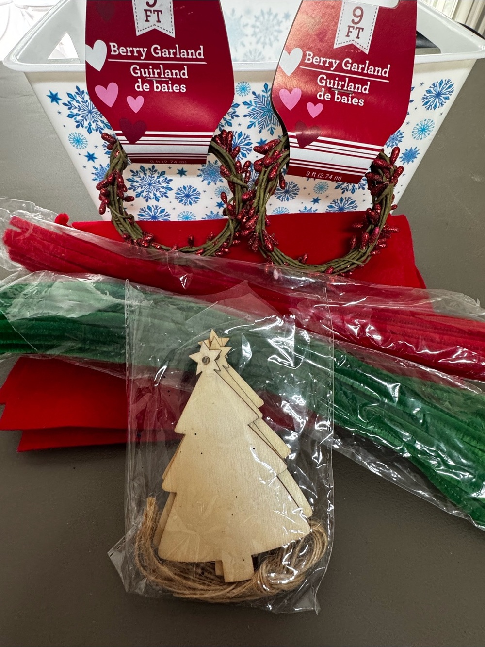 Holiday Berry Garland and Wooden Tree Ornament Set - Red & Green
